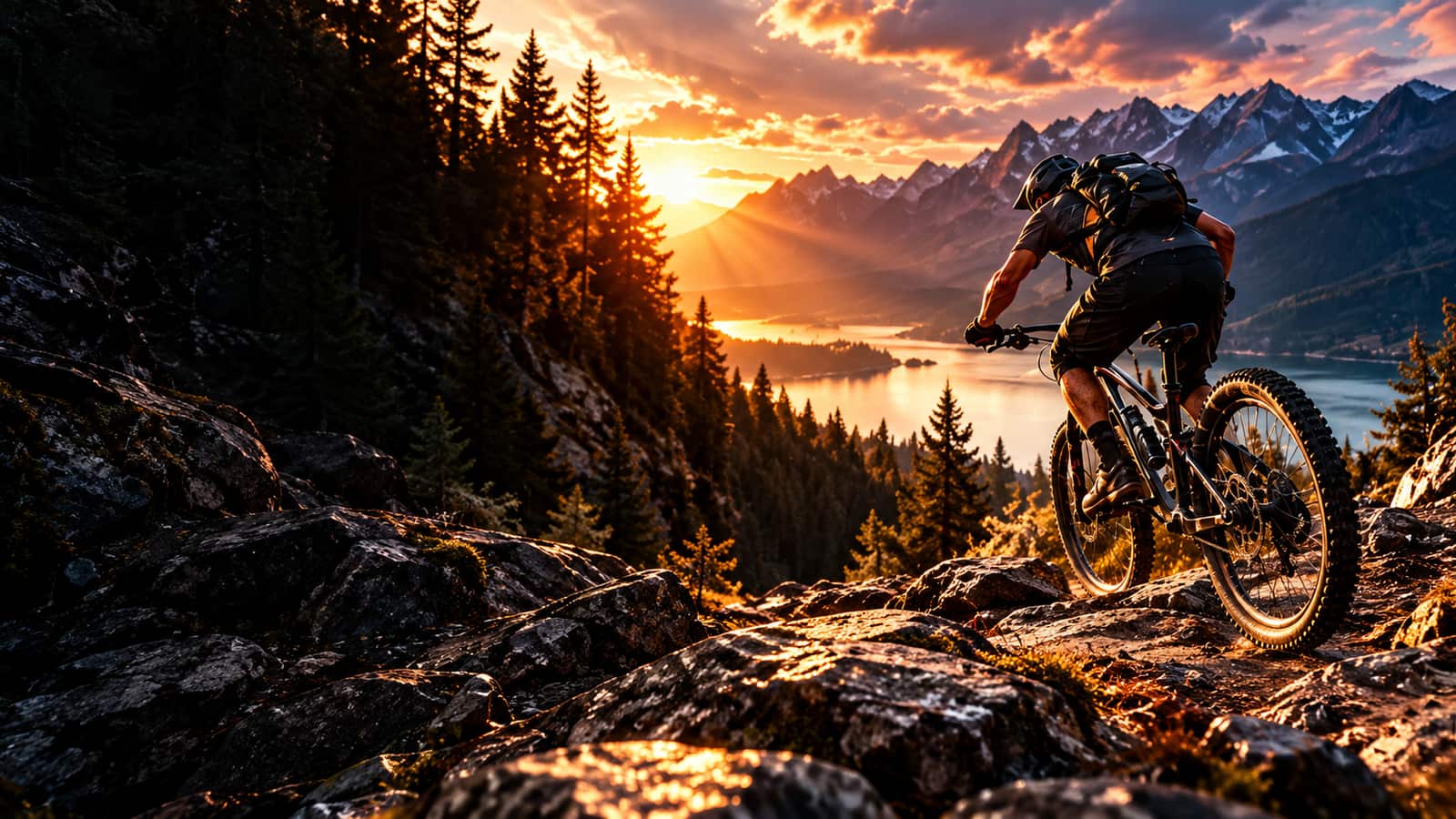 Mountain biker riding a rocky alpine trail above a lake at sunset