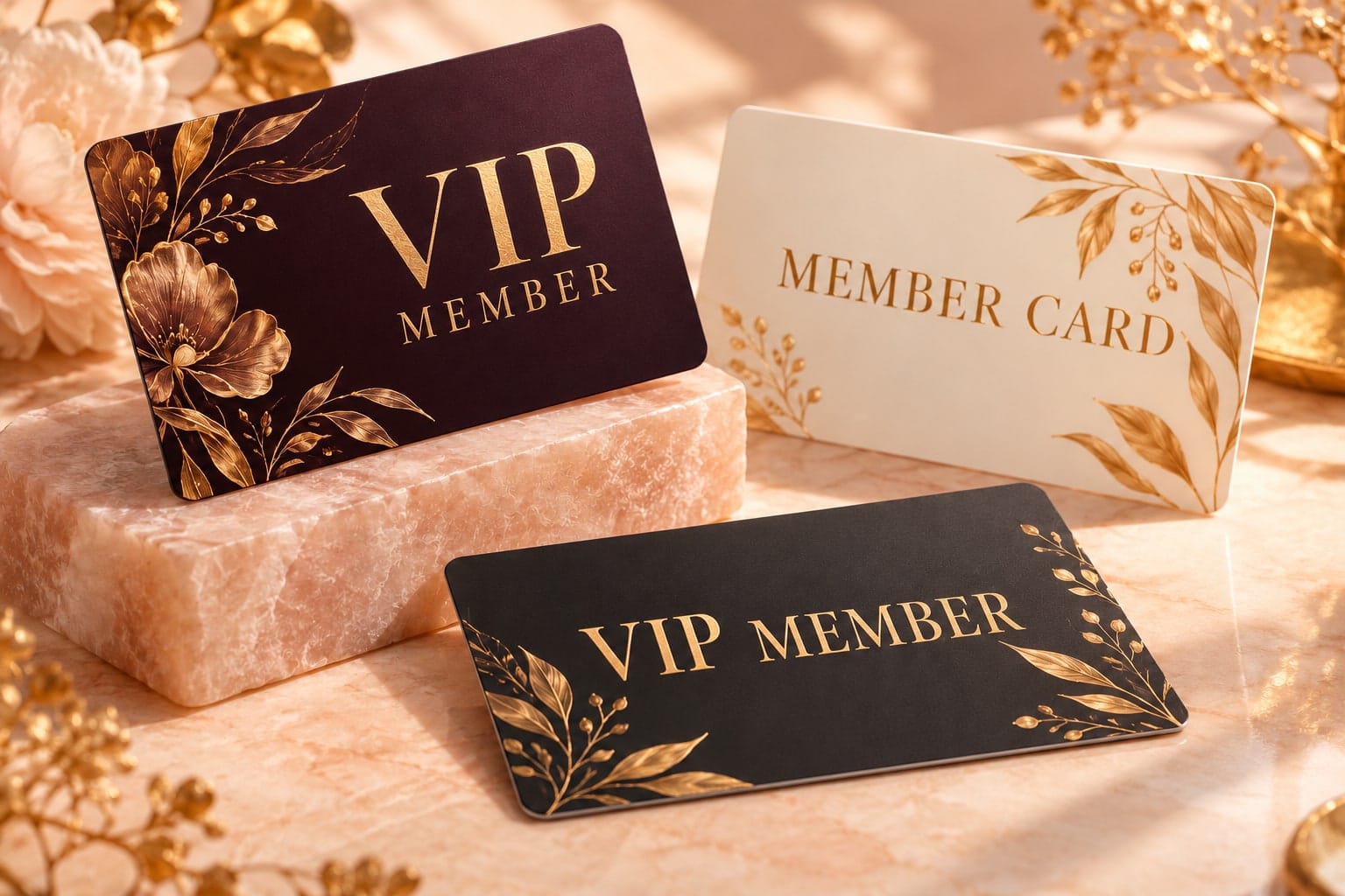 Illustrative plastic Member and VIP Cards with subtle gold botanical designs in an ivory and blush studio setting