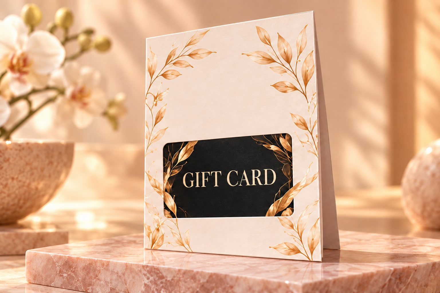 Illustrative tall portrait folded printed holder based on the supplied PR reference, displaying a plastic card in its lower panel