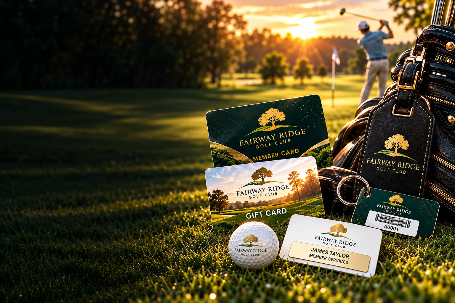 Illustrative Fairway Ridge Golf Club merchandise: emerald Member Card, sunset Gift Card, Bag Tag, barcode Keytag and Name Badge beside a golf bag