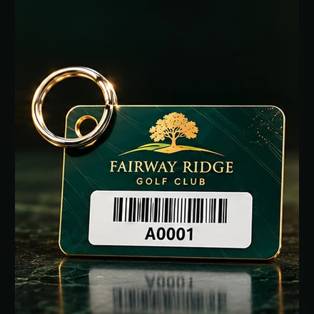Illustrative Fairway Ridge Golf Club Plastic Keytags design in emerald, white and gold