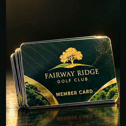 Illustrative Fairway Ridge Golf Club Plastic Member Cards design in emerald, white and gold