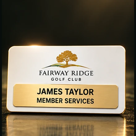 Illustrative Fairway Ridge Golf Club Name Badges design in emerald, white and gold
