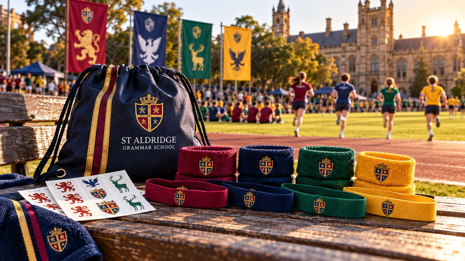 Illustrative School Athletics Day with House-colour Sweatbands, Headbands, Temporary Tattoos and Drawstring Bag