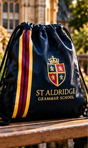 Illustrative St Aldridge Drawstring Bags with a fictional School Crest and House Colours