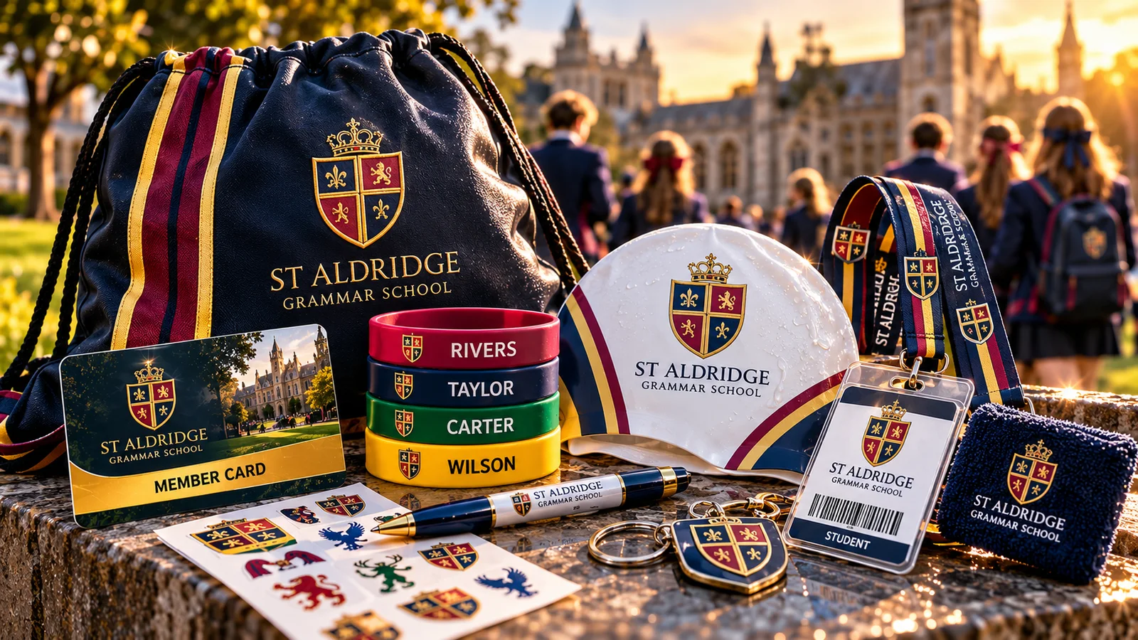 Supplied illustrative School Community Merchandise: Cards, Keyrings, Printed Pens and crest designs