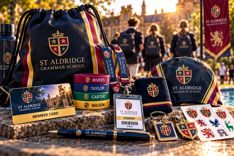 Supplied School Merchandise and Lanyard composition at a heritage campus