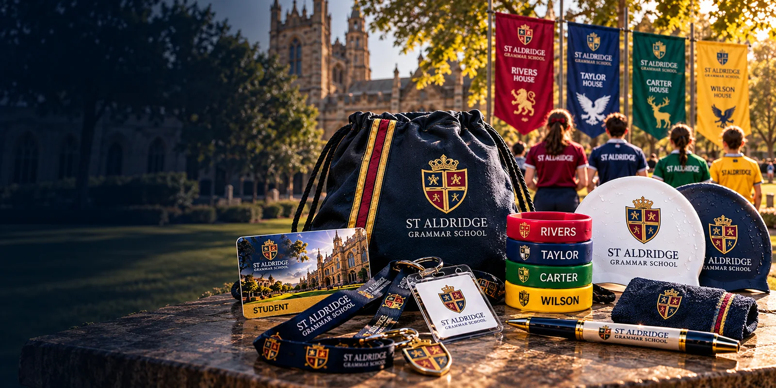 Illustrative St Aldridge Grammar School merchandise beside a heritage campus: Drawstring Bag, House Wristbands, Swim Caps, ID Cards, Lanyard, Pen and Keyring