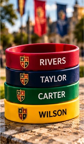 Illustrative St Aldridge Silicone House Wristbands with a fictional School Crest and House Colours