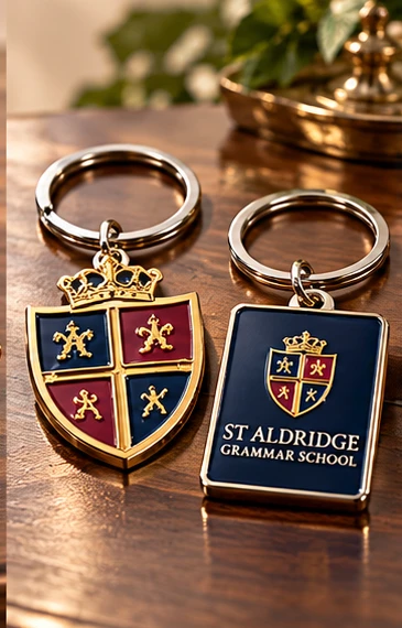 Illustrative St Aldridge Keyrings with a fictional School Crest and House Colours