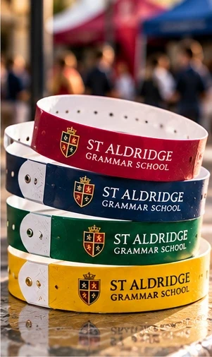Illustrative St Aldridge Tyvek Wristbands with a fictional School Crest and House Colours