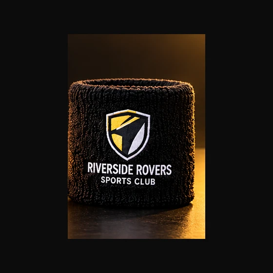 Illustrative Riverside Rovers Custom Printed Sweatbands with a black, gold and white club shield