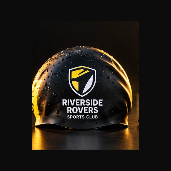 Illustrative Riverside Rovers Custom Printed Swim Caps with a black, gold and white club shield