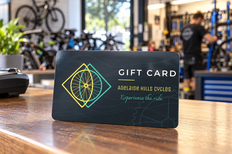 Custom Plastic Gift Card for a Bike Shop on a Shop Counter