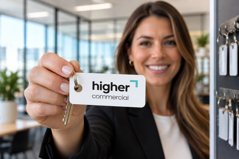 Woman Holding a Custom Plastic Keytag for a Commercial Property Agency