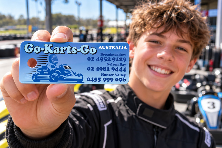 Young Driver Holding a Custom Plastic Keytag for a Go Kart Track