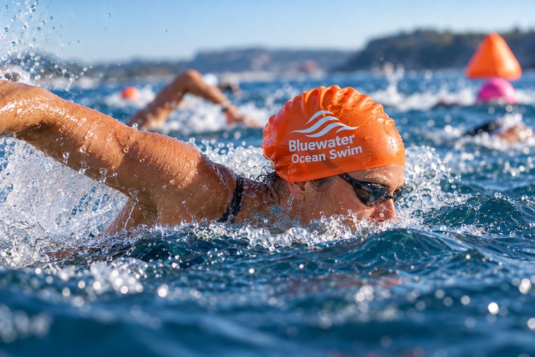 Open Water Swimmer Wearing a Custom Printed Orange Swim Cap