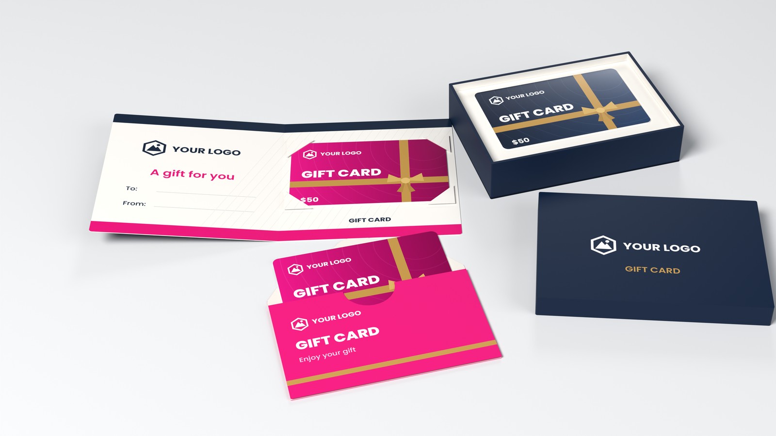Custom printed gift card carrier, gift card envelope and gift box, each presenting a plastic gift card with your logo