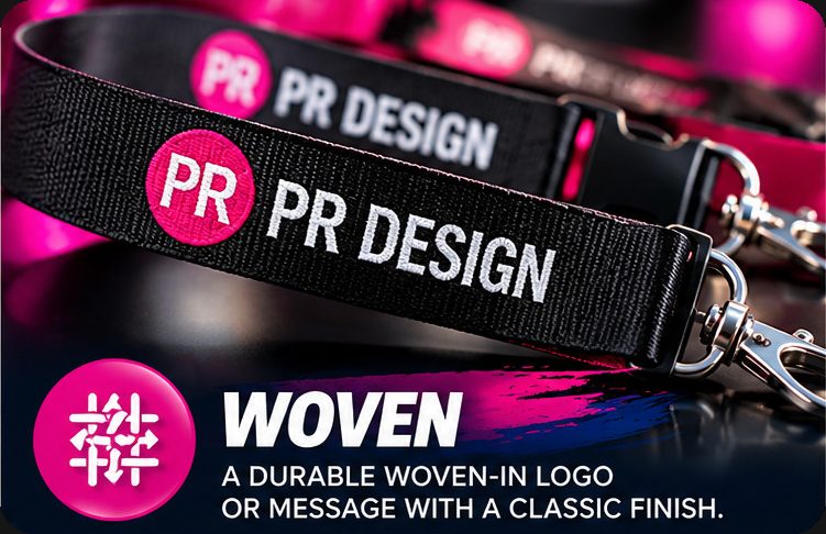 Woven lanyard: A durable woven-in logo or message with a classic finish.