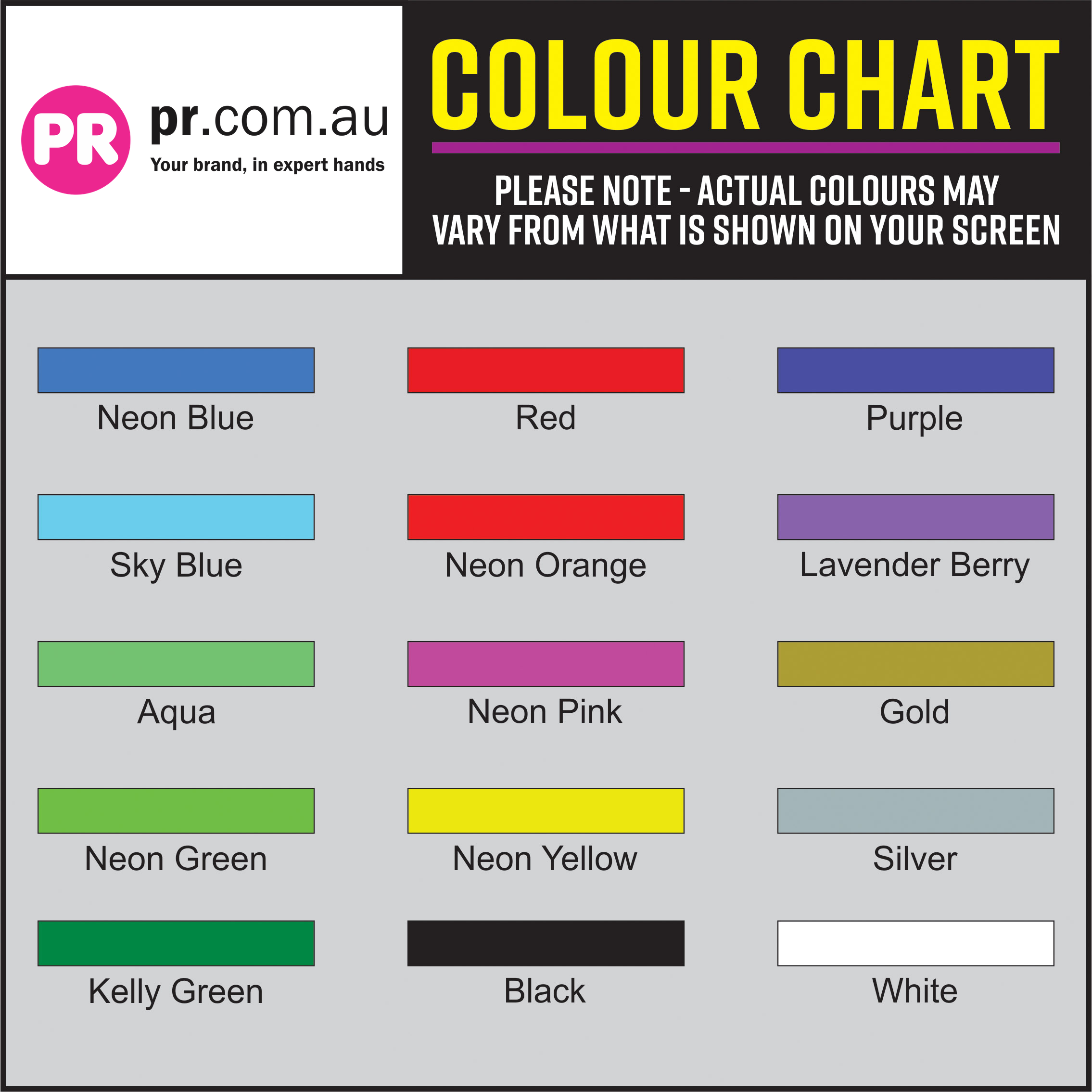 Tyvek wristband colour chart
