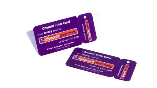 Purple pharmacy loyalty card and matching keytag