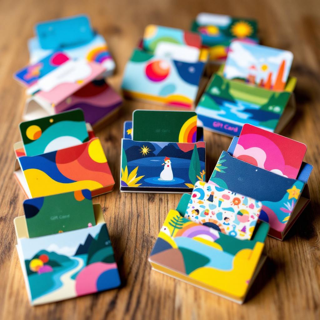 Assorted gift cards and colourful matching holders